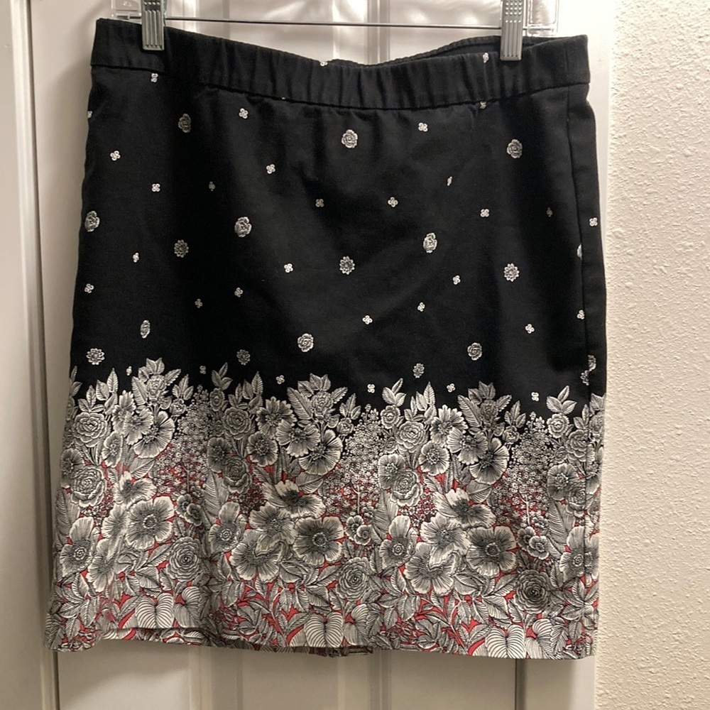 J Jill Black Pink Floral Print Pull On Stretch Pencil Skirt Sz 12 Preppy Office